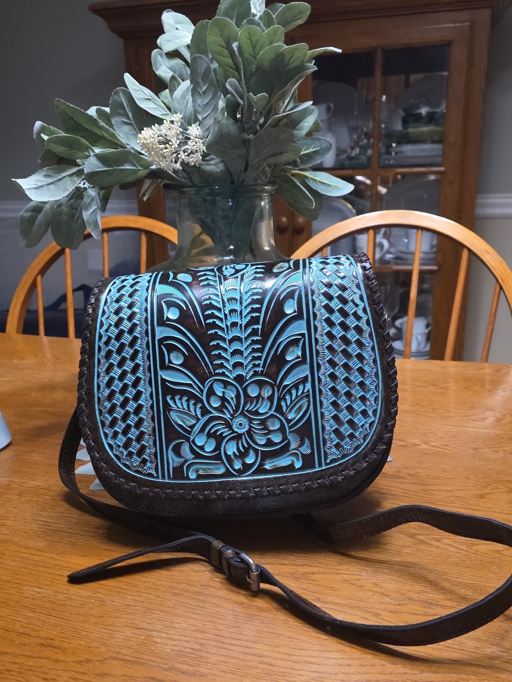 Patricia Nash Hand-Tooled Floral Crossbody Bag in Turquoise and Brown
